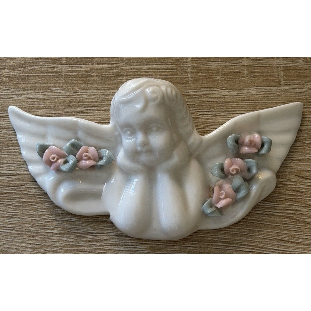 Vintage Ceramic Cherub Angel Wall Pocket Pink Roses Floral Cottagecore Decor 5"